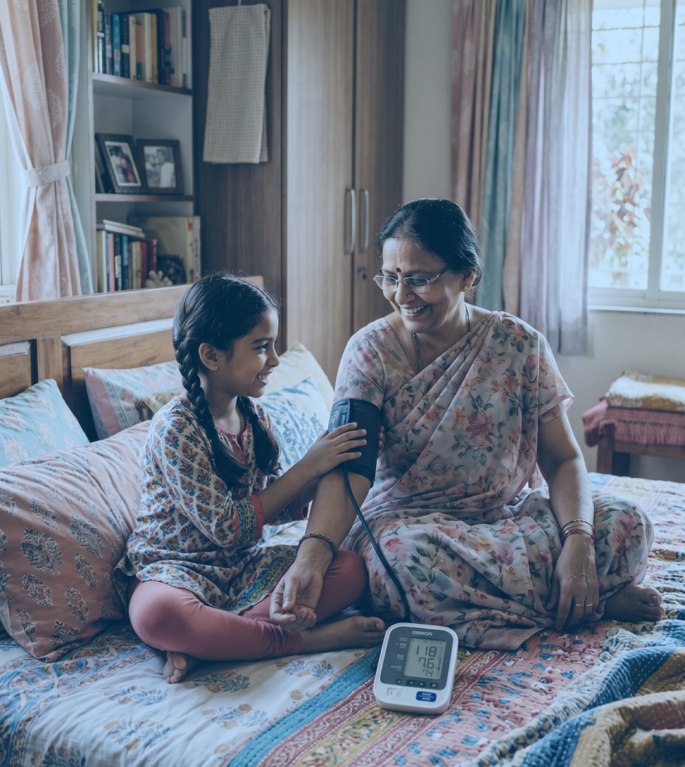 A family checking a health measurement together at home